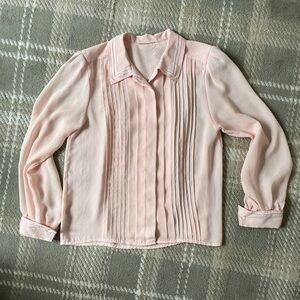 VTG pink chiffon pleated button up collared blouse